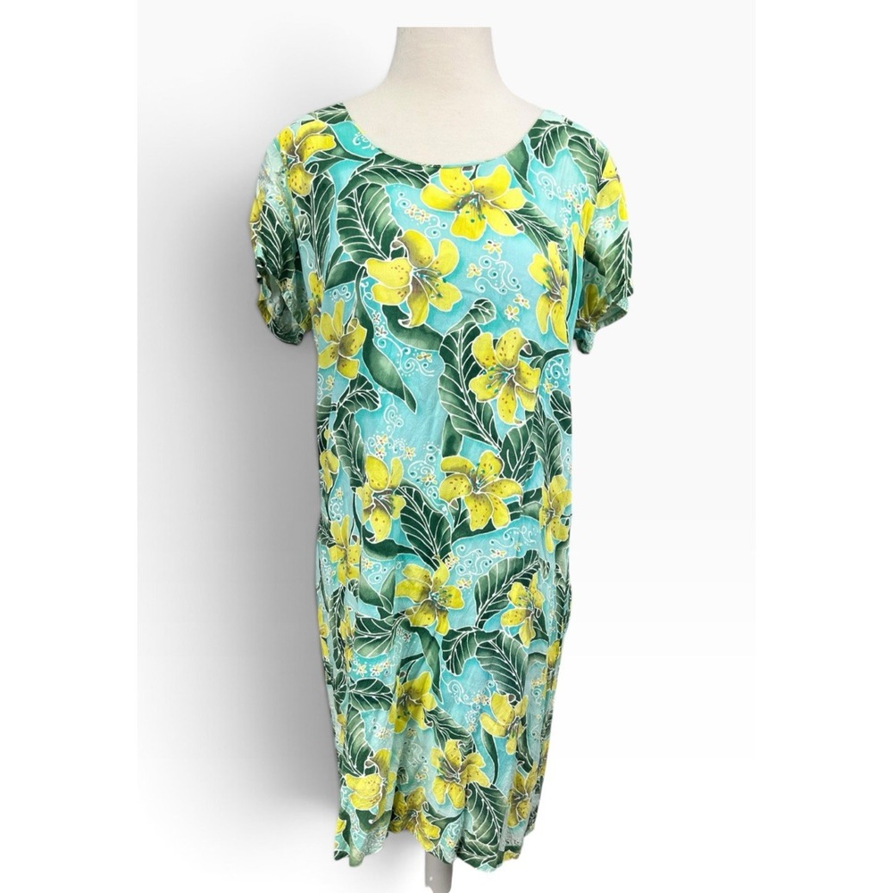 Jams World Hula Moon Tigrus Dress Large Blue Floral Green Cap Sleeve Hibiscus